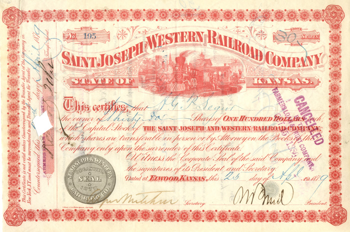 Saint Joseph and Western Railroad - Beautiful Red Colored Railway Stock Certificate